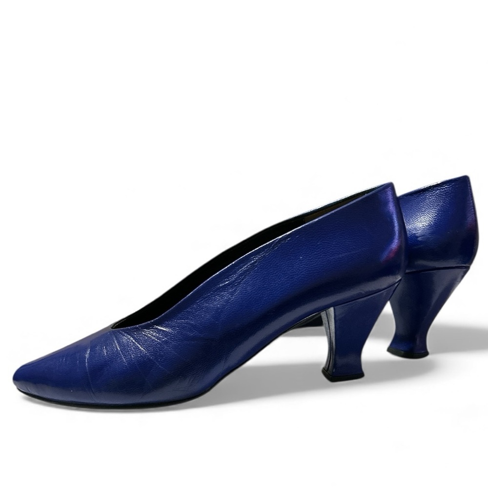 RJS Leather Pointed Toe Kitten Heel Slip On Pumps Elegant Blue Women's Size 7